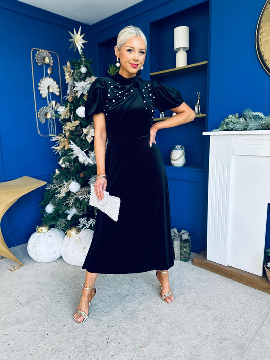 Robyn Pearl Detailed Velvet Midi Dress Black