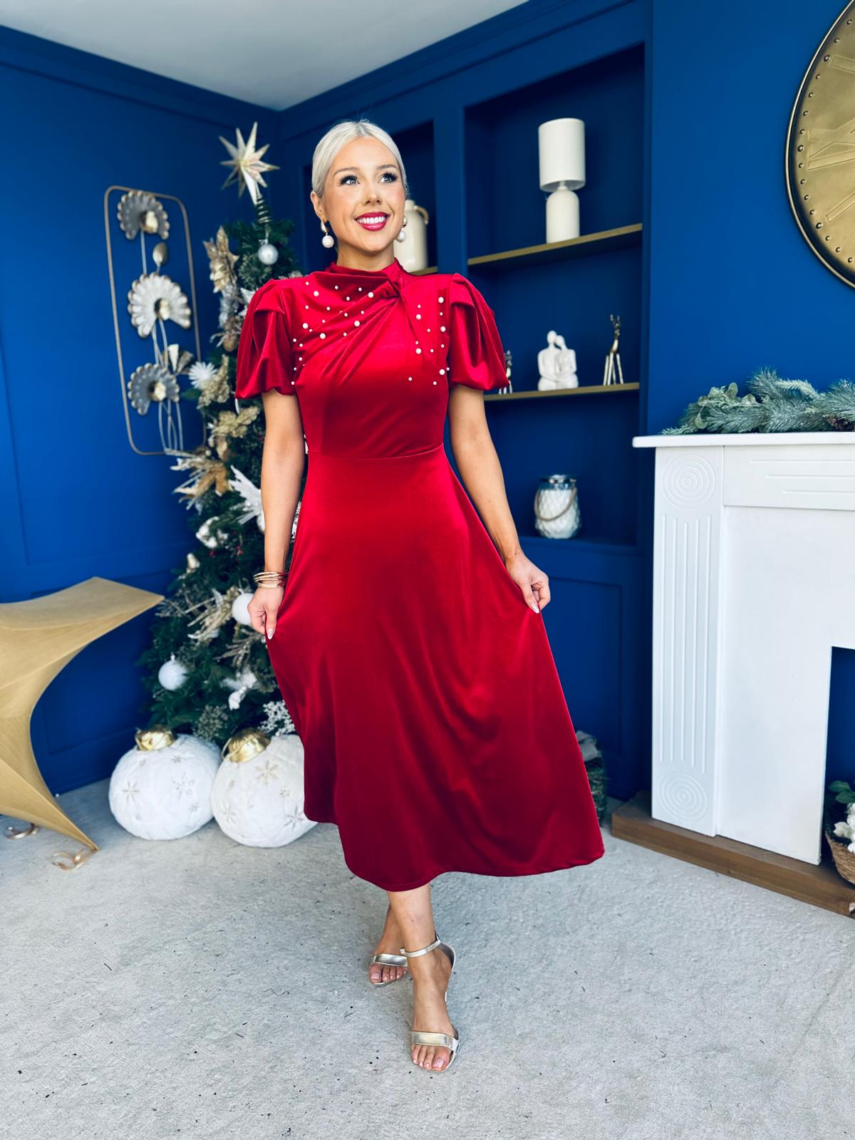 Robyn Pearl Detailed Velvet Midi Dress Red