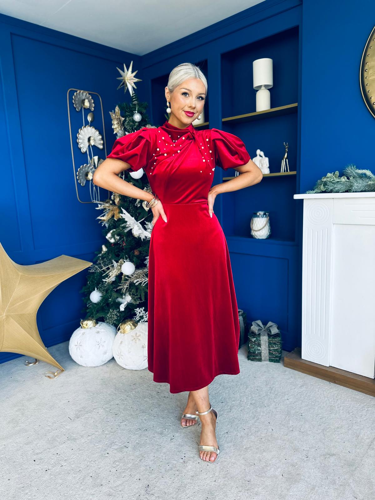 Robyn Pearl Detailed Velvet Midi Dress Red