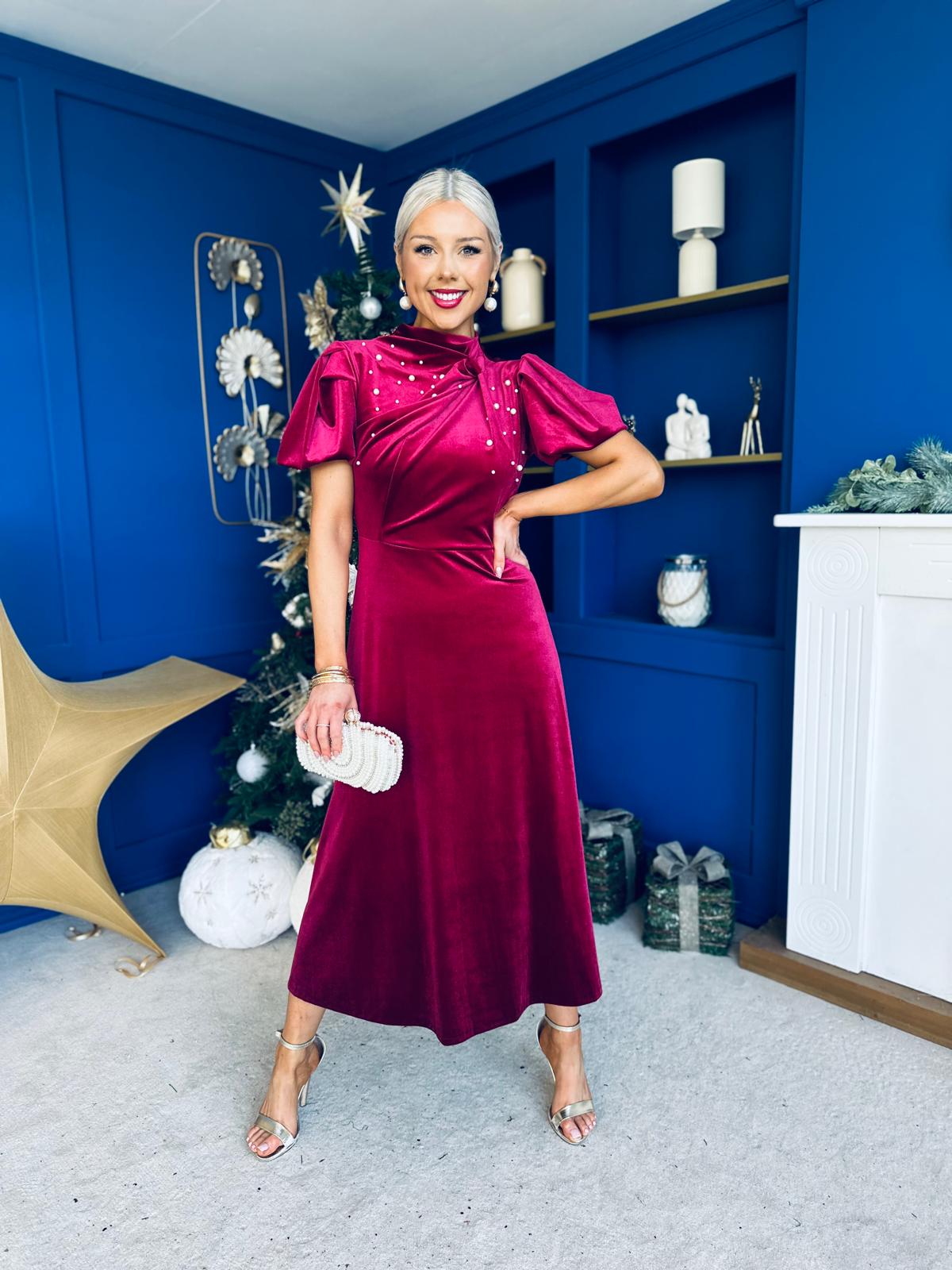 Robyn Pearl Detailed Velvet Midi Dress Wine