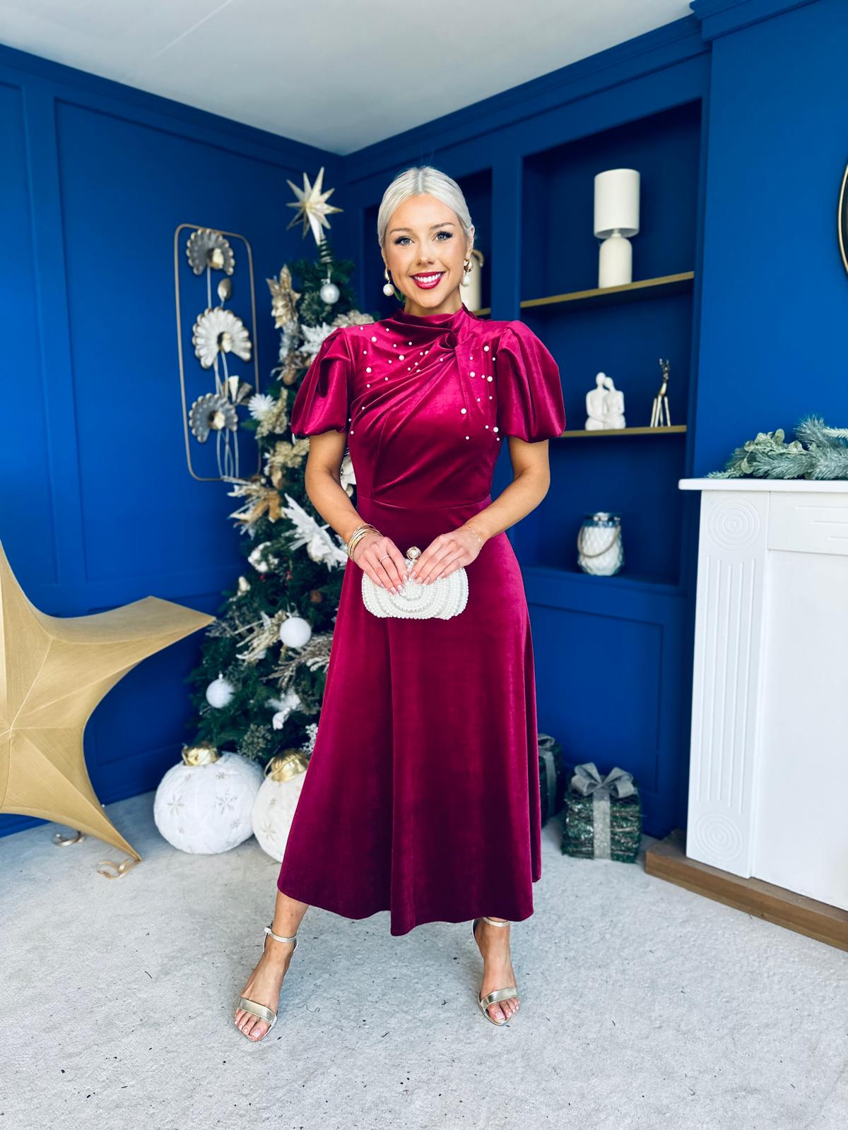 Robyn Pearl Detailed Velvet Midi Dress Wine