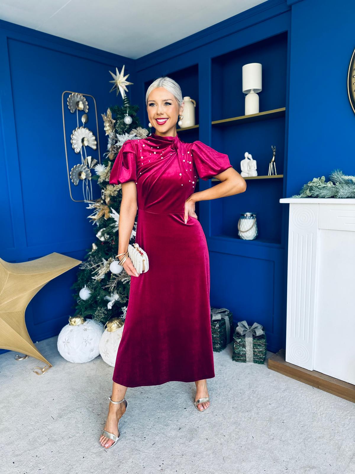 Robyn Pearl Detailed Velvet Midi Dress Wine