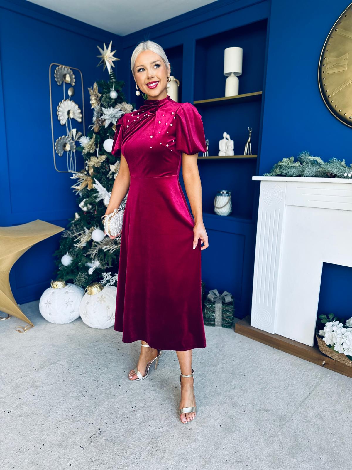 Robyn Pearl Detailed Velvet Midi Dress Wine