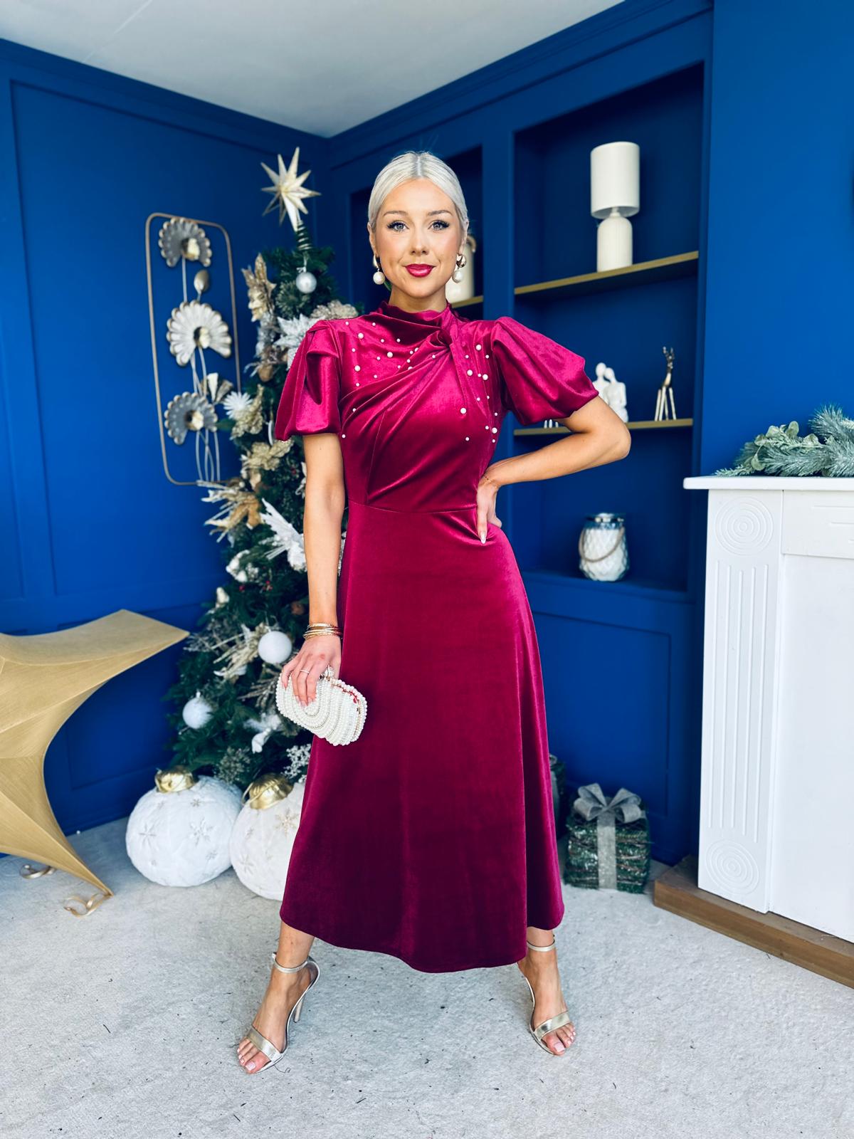 Robyn Pearl Detailed Velvet Midi Dress Wine