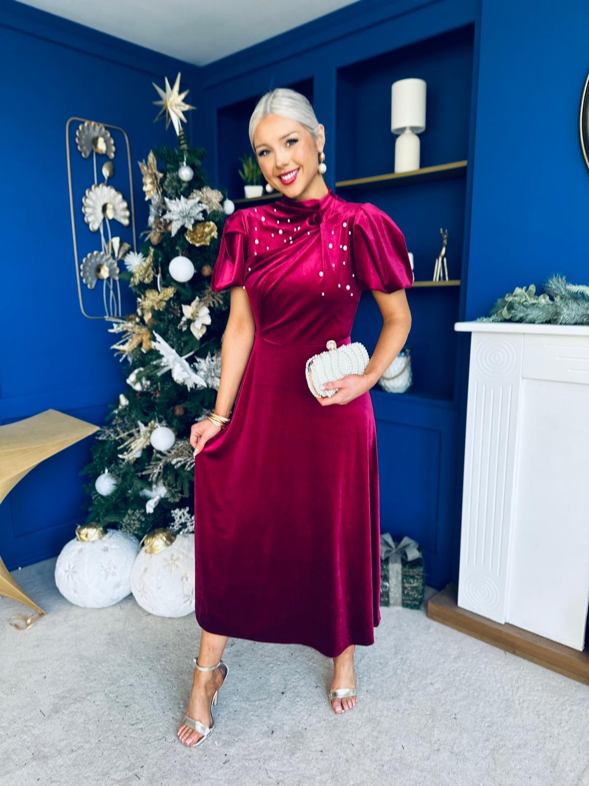 Robyn Pearl Detailed Velvet Midi Dress Wine