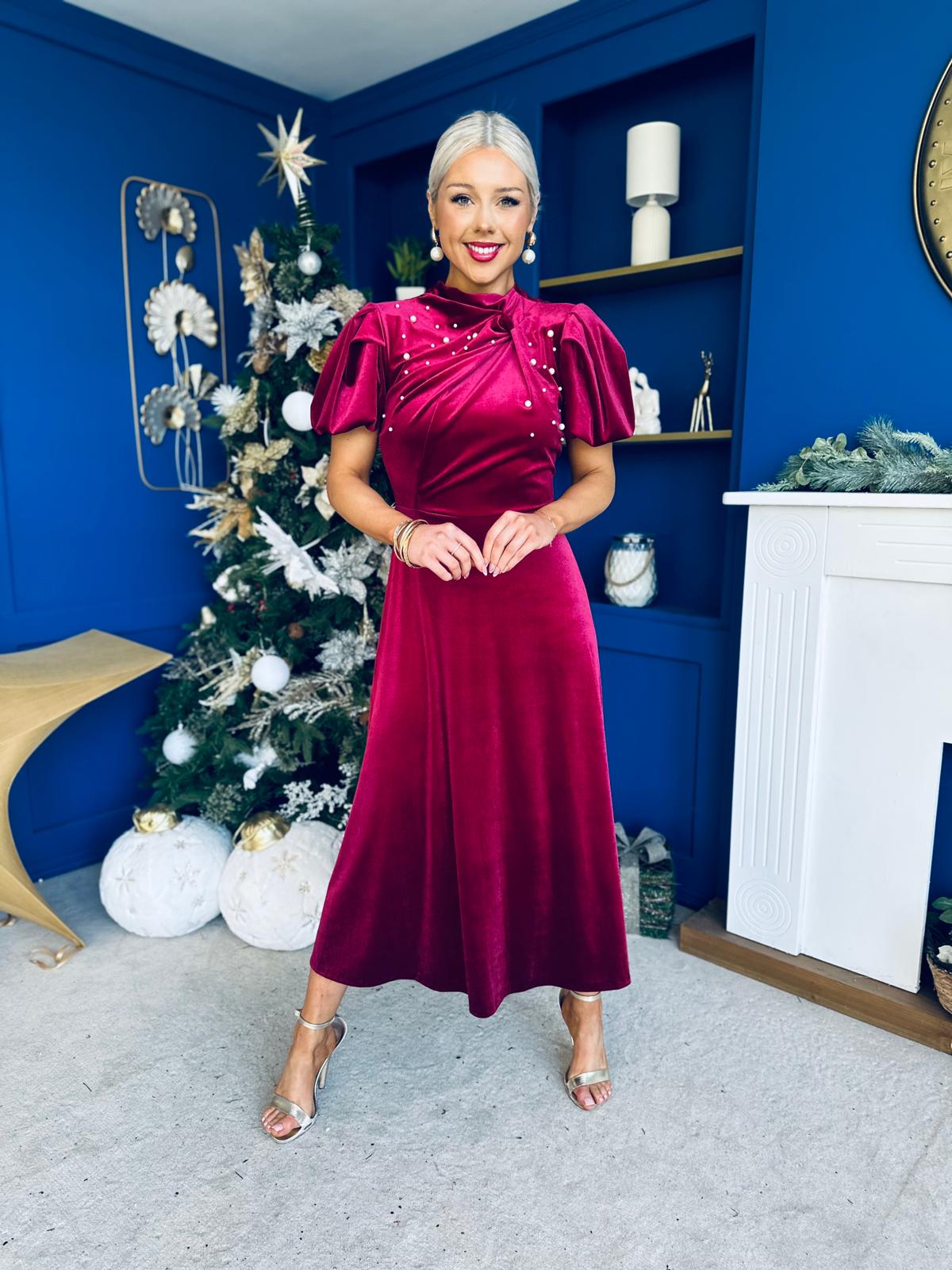 Robyn Pearl Detailed Velvet Midi Dress Wine