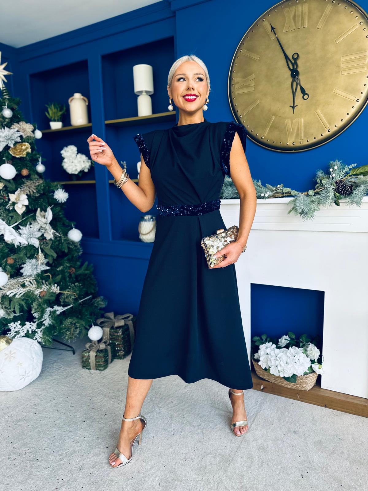 Cassidy Sequin Detailed Midi Dress Navy