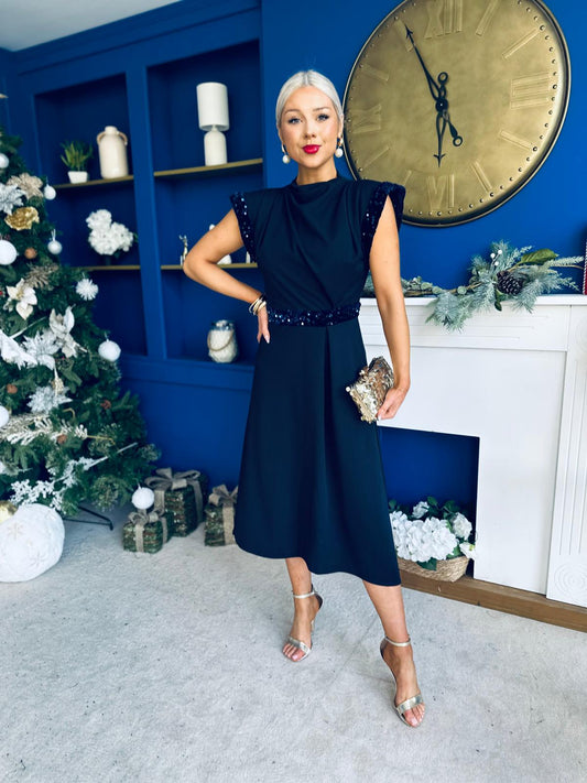 Cassidy Sequin Detailed Midi Dress Navy