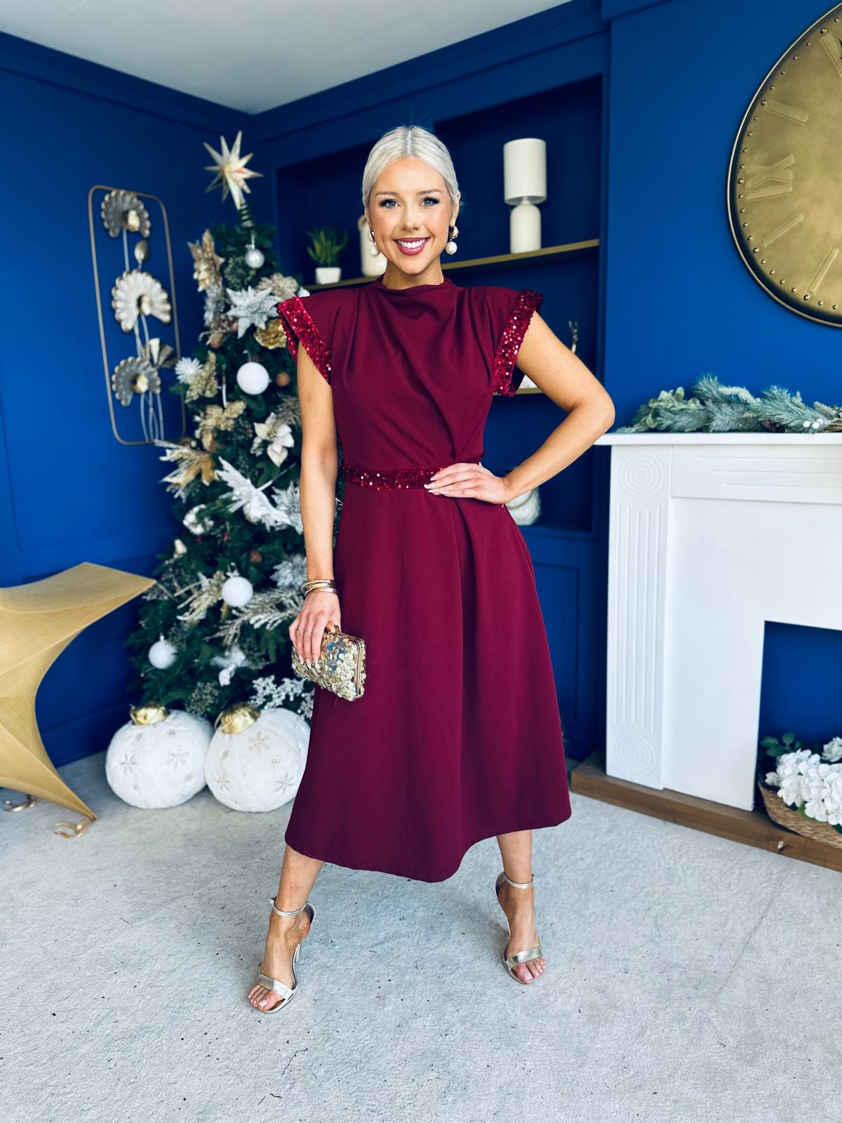 Cassidy Sequin Detailed Midi Dress Wine