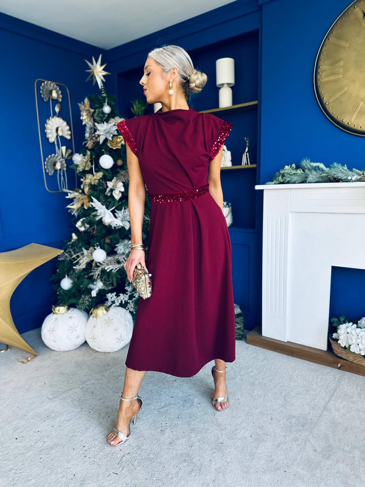 Cassidy Sequin Detailed Midi Dress Wine