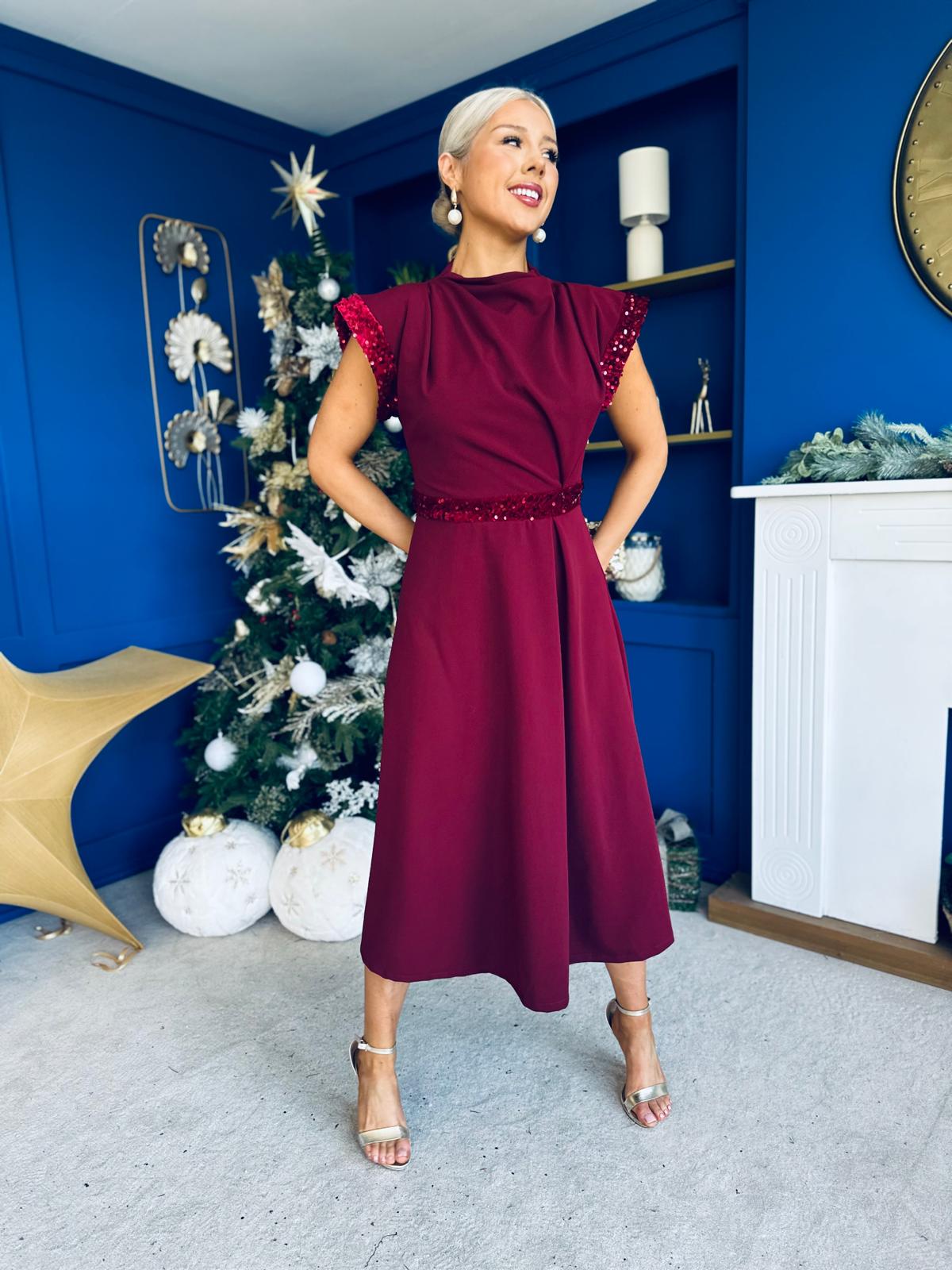 Cassidy Sequin Detailed Midi Dress Wine