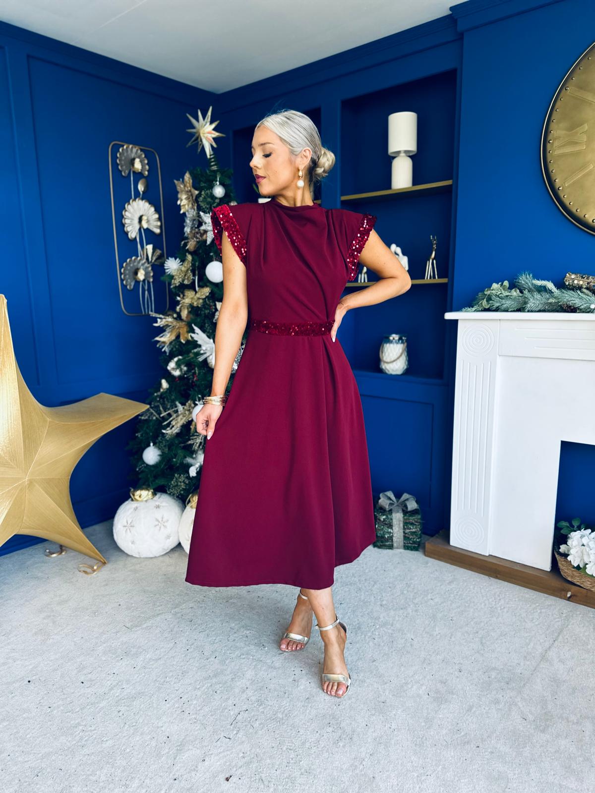 Cassidy Sequin Detailed Midi Dress Wine