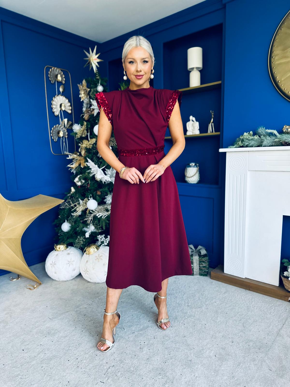 Cassidy Sequin Detailed Midi Dress Wine