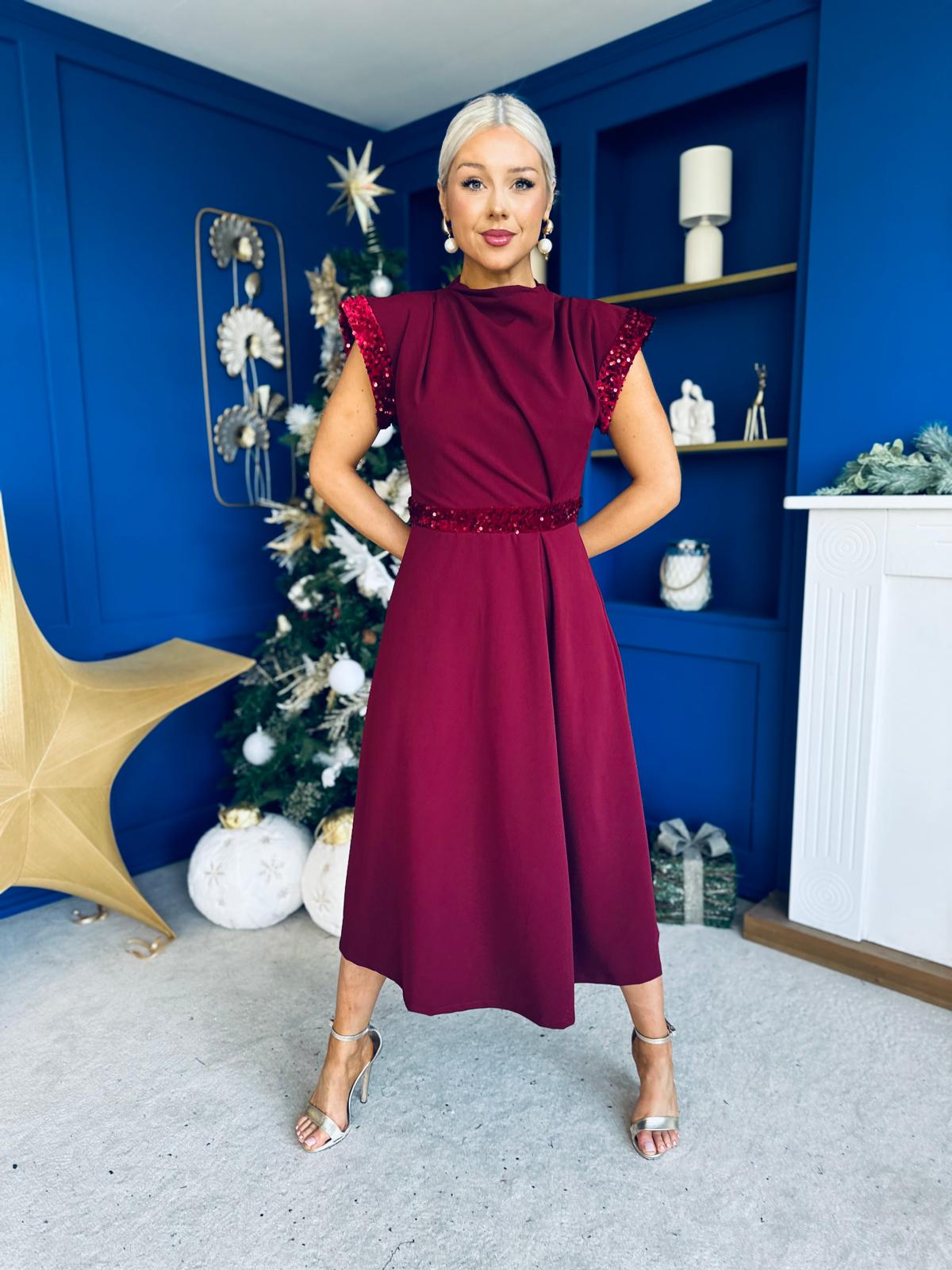 Cassidy Sequin Detailed Midi Dress Wine