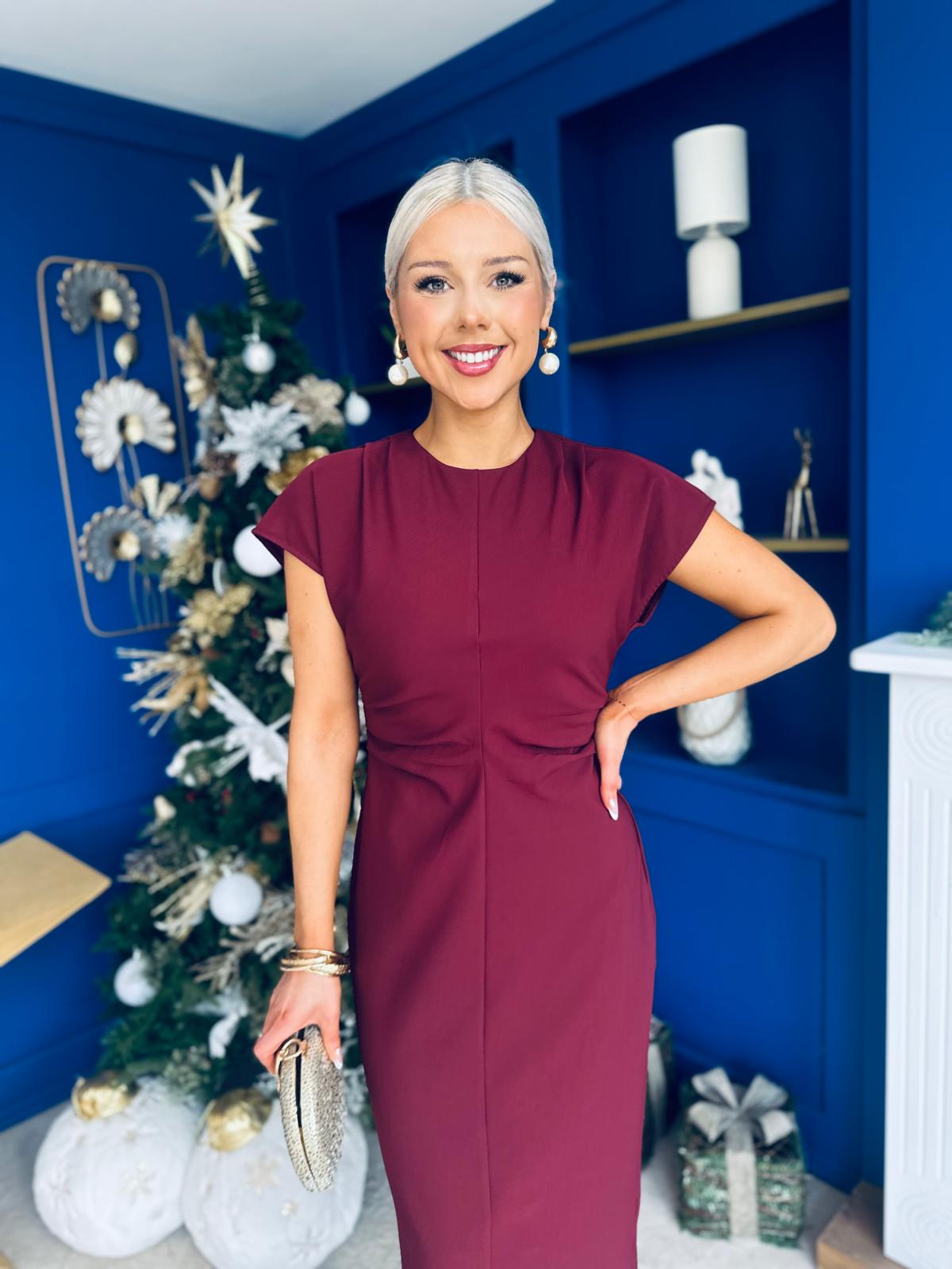 Terri Ruched Waist Short Sleeve Burgundy Midi Dress