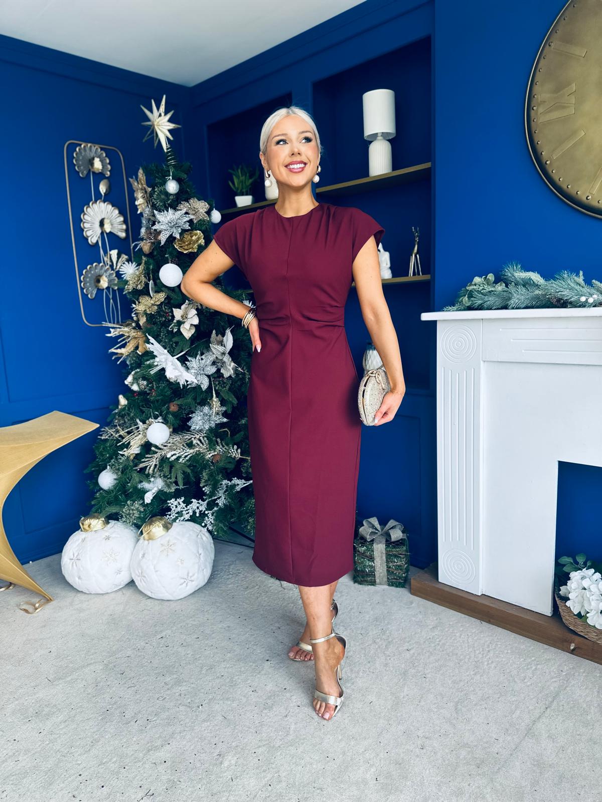 Terri Ruched Waist Short Sleeve Burgundy Midi Dress