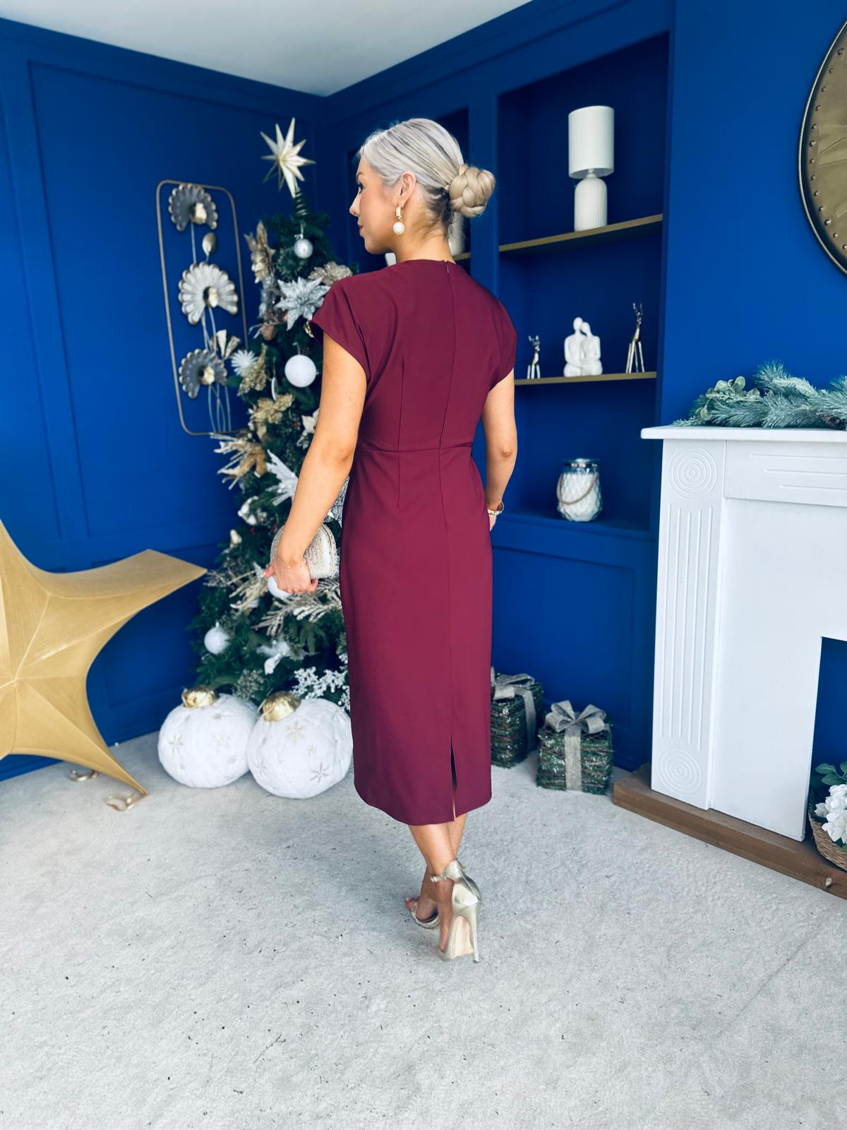 Terri Ruched Waist Short Sleeve Burgundy Midi Dress