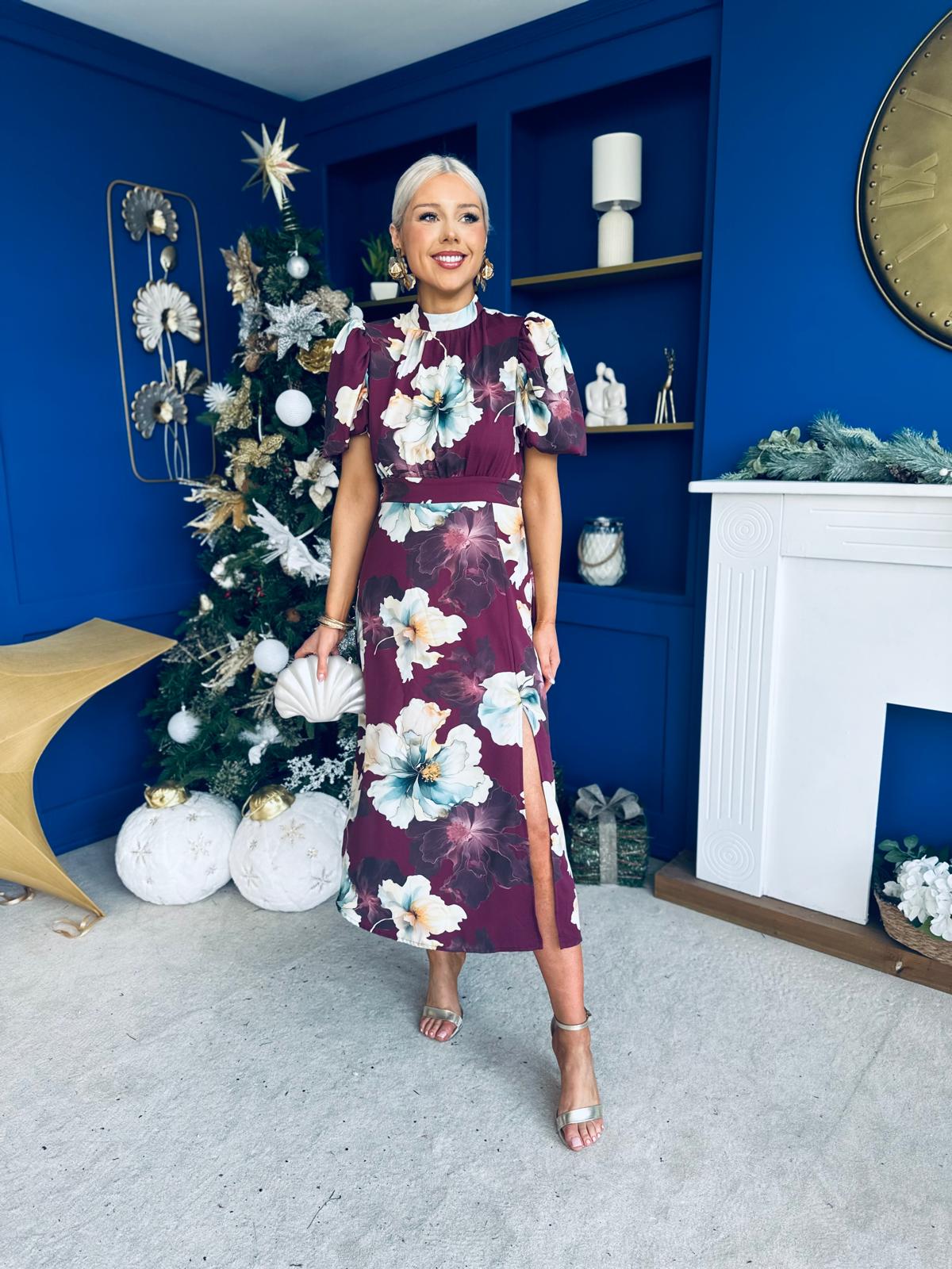 Lilith Puff Sleeve High Neck Midi Dress Floral Plum