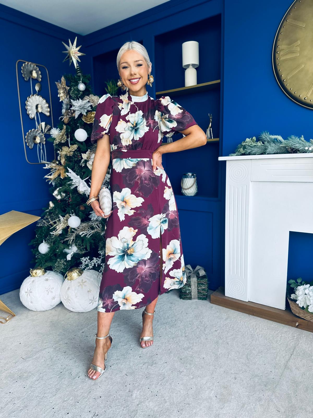 Lilith Puff Sleeve High Neck Midi Dress Floral Plum