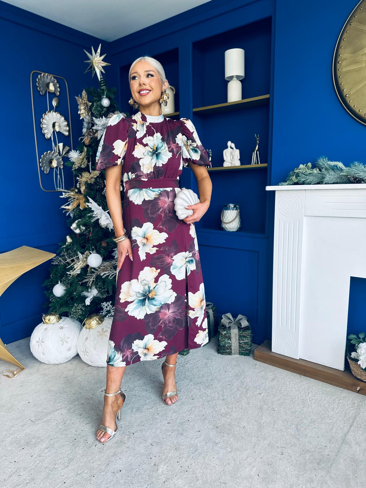 Lilith Puff Sleeve High Neck Midi Dress Floral Plum