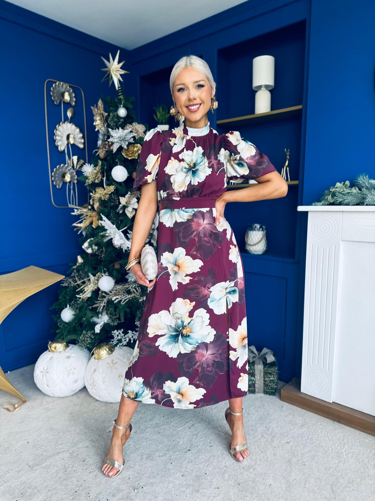 Lilith Puff Sleeve High Neck Midi Dress Floral Plum