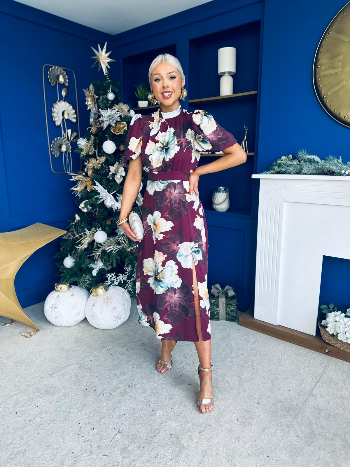 Lilith Puff Sleeve High Neck Midi Dress Floral Plum