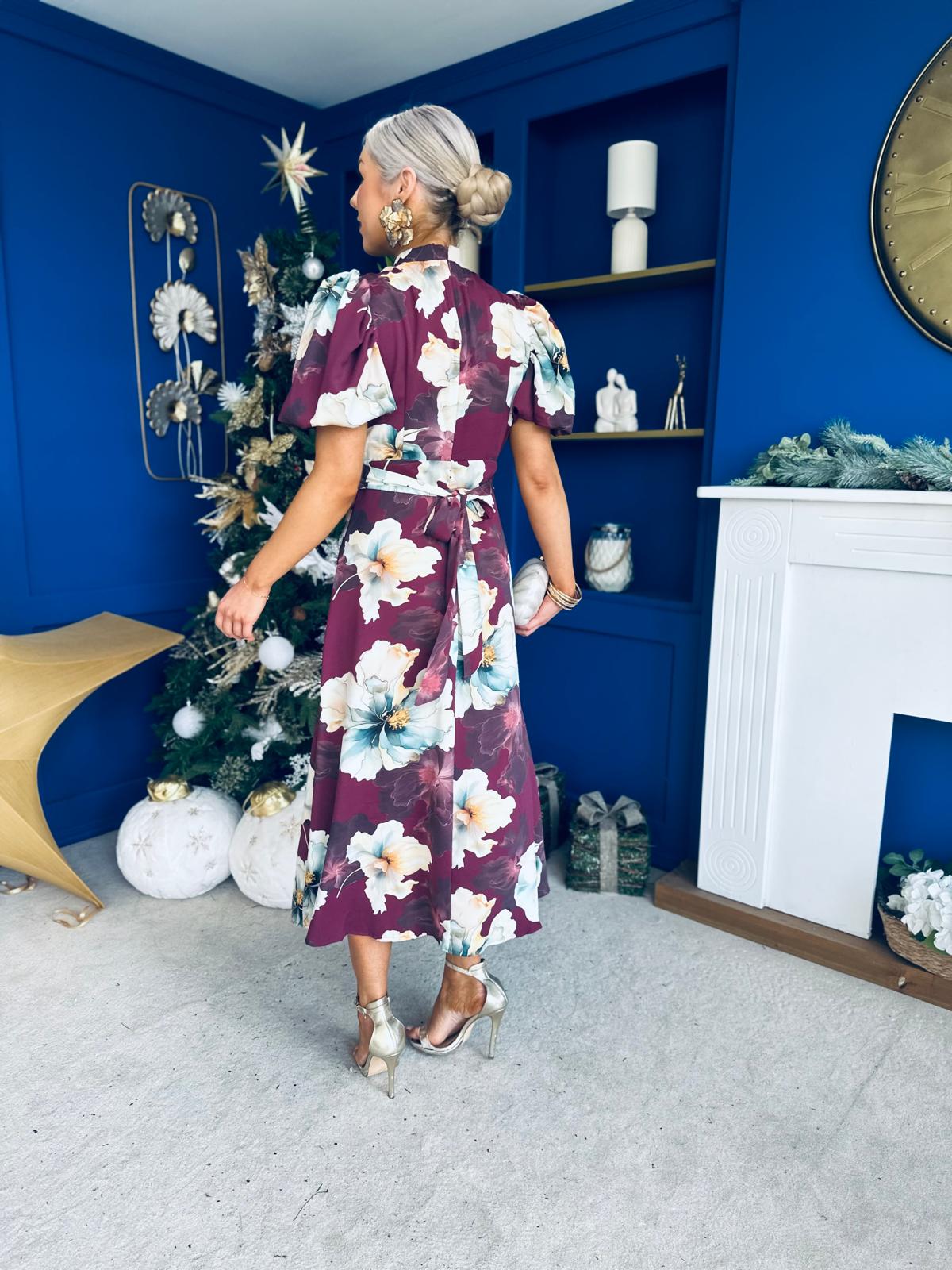 Lilith Puff Sleeve High Neck Midi Dress Floral Plum