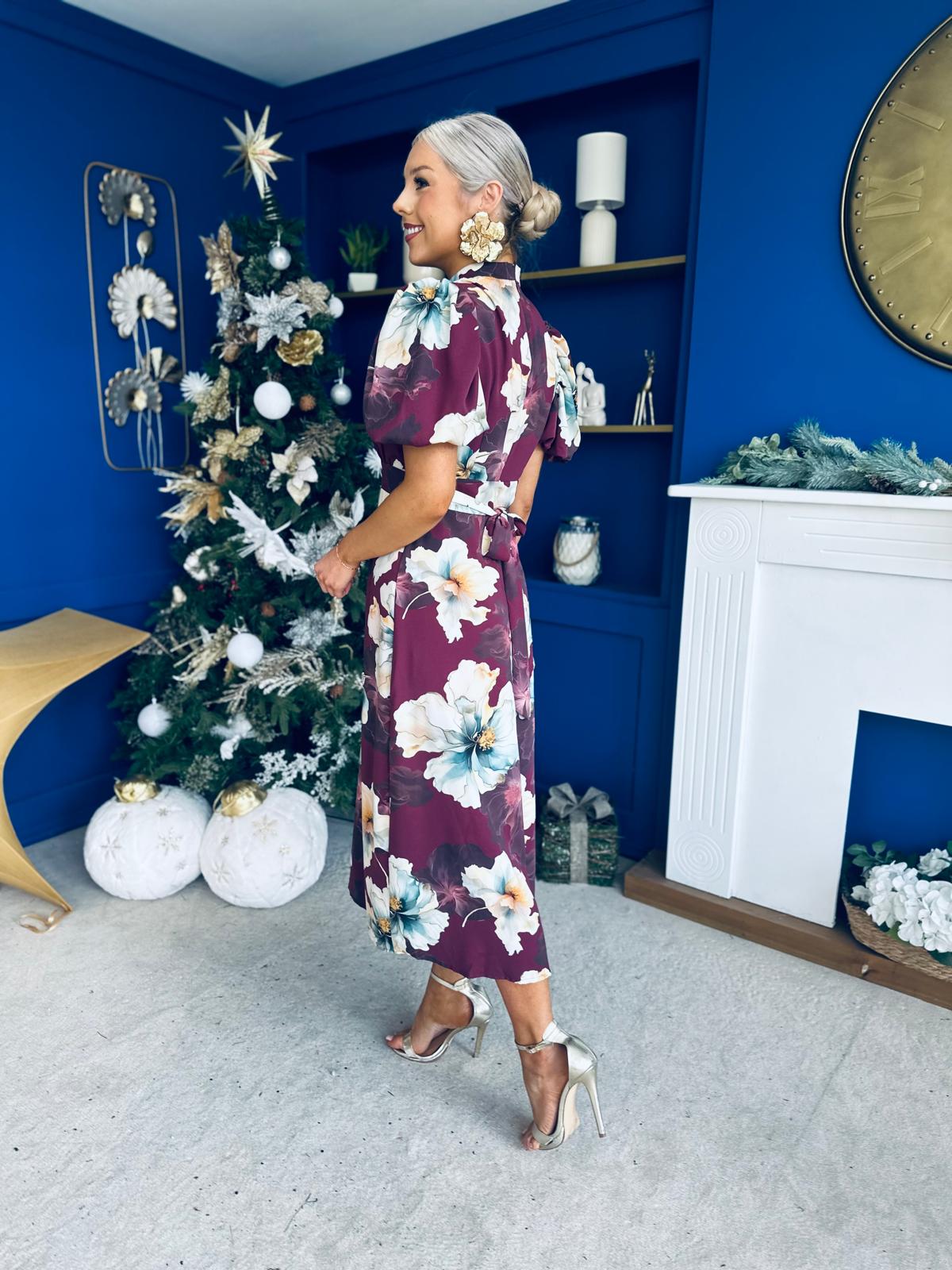 Lilith Puff Sleeve High Neck Midi Dress Floral Plum