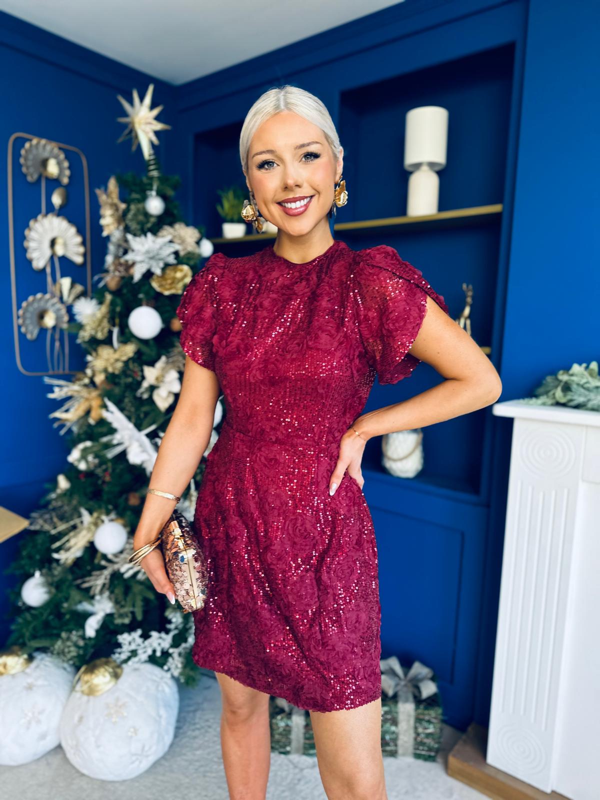 Ami Tulip Sleeve High Neck Mini Dress 3D Floral Wine