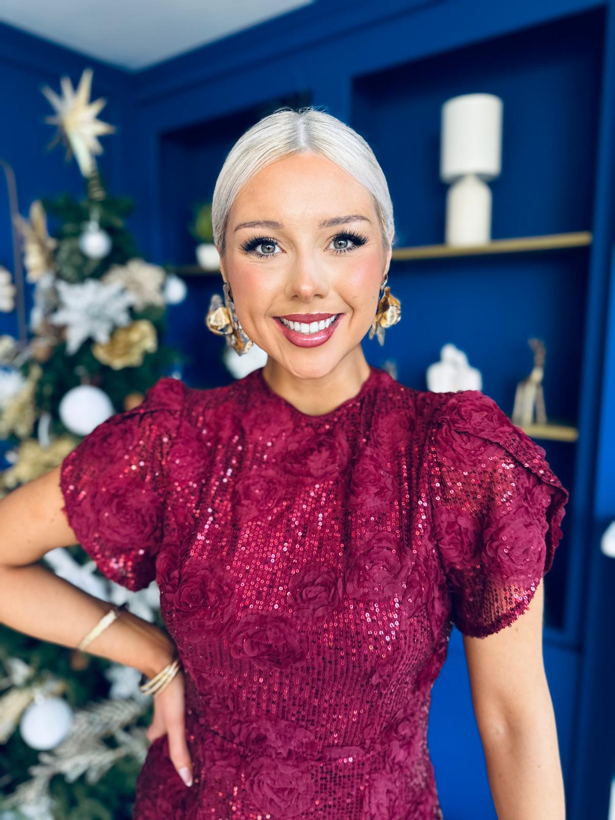 Ami Tulip Sleeve High Neck Mini Dress 3D Floral Wine