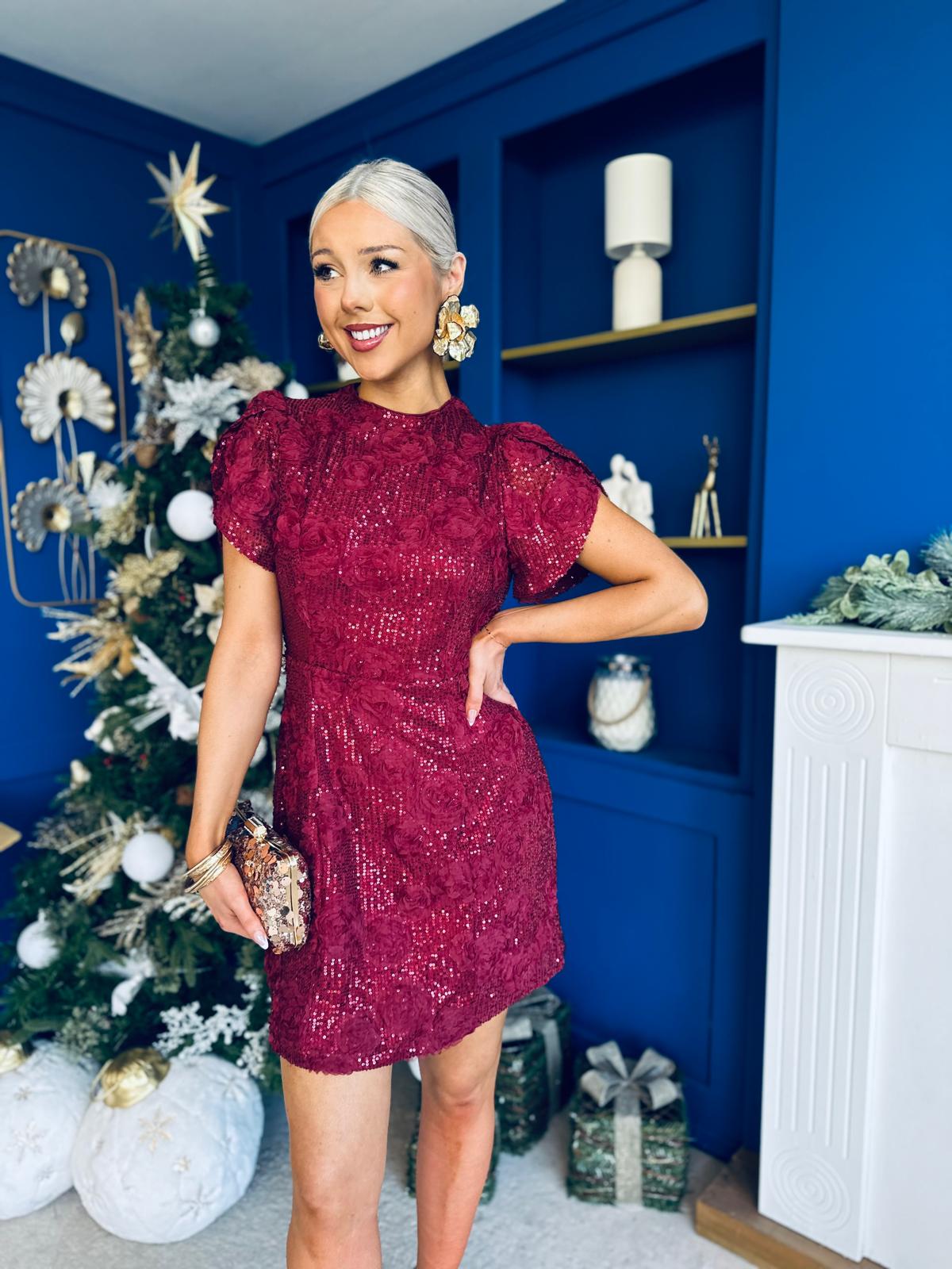 Ami Tulip Sleeve High Neck Mini Dress 3D Floral Wine