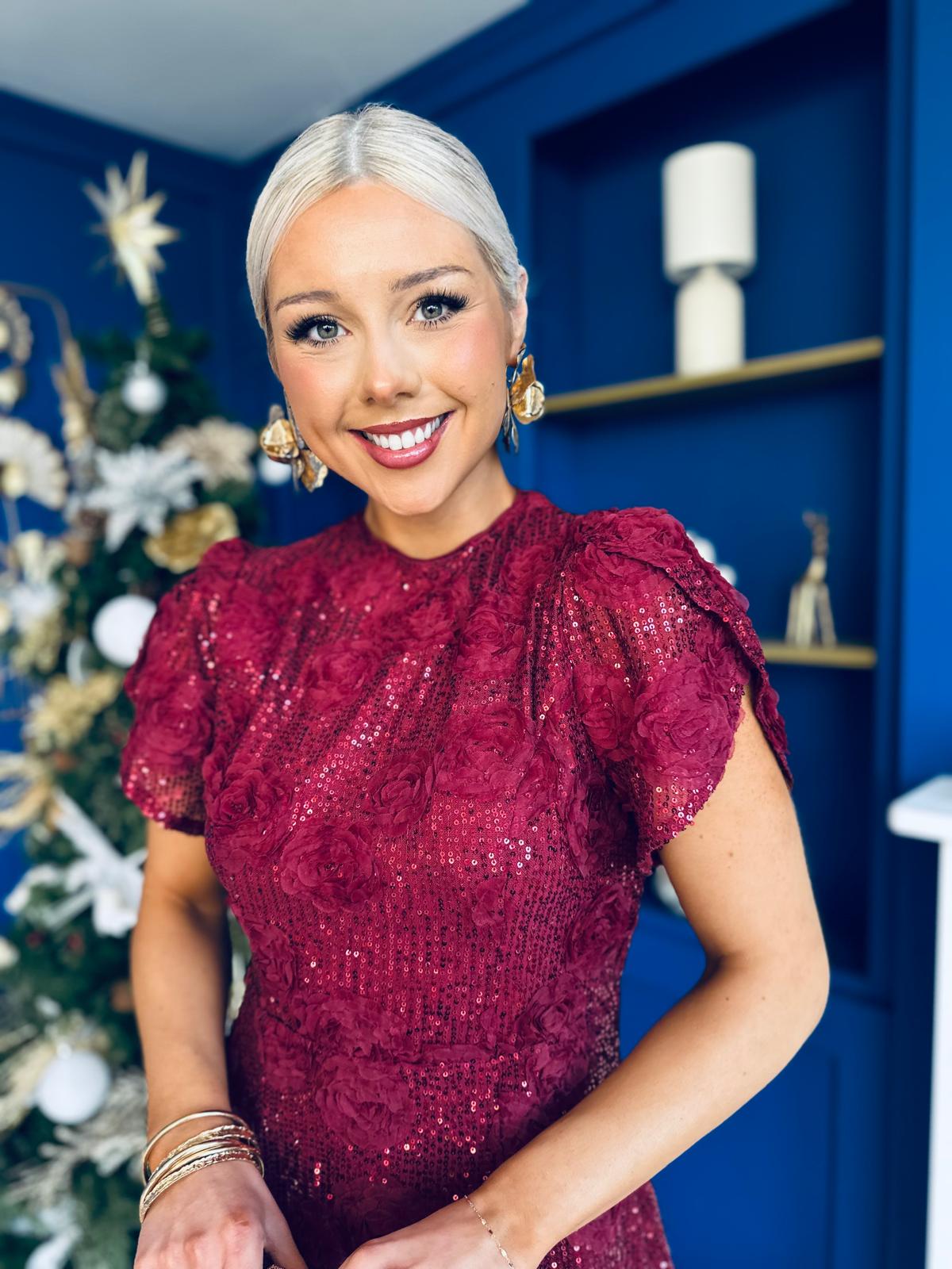 Ami Tulip Sleeve High Neck Mini Dress 3D Floral Wine