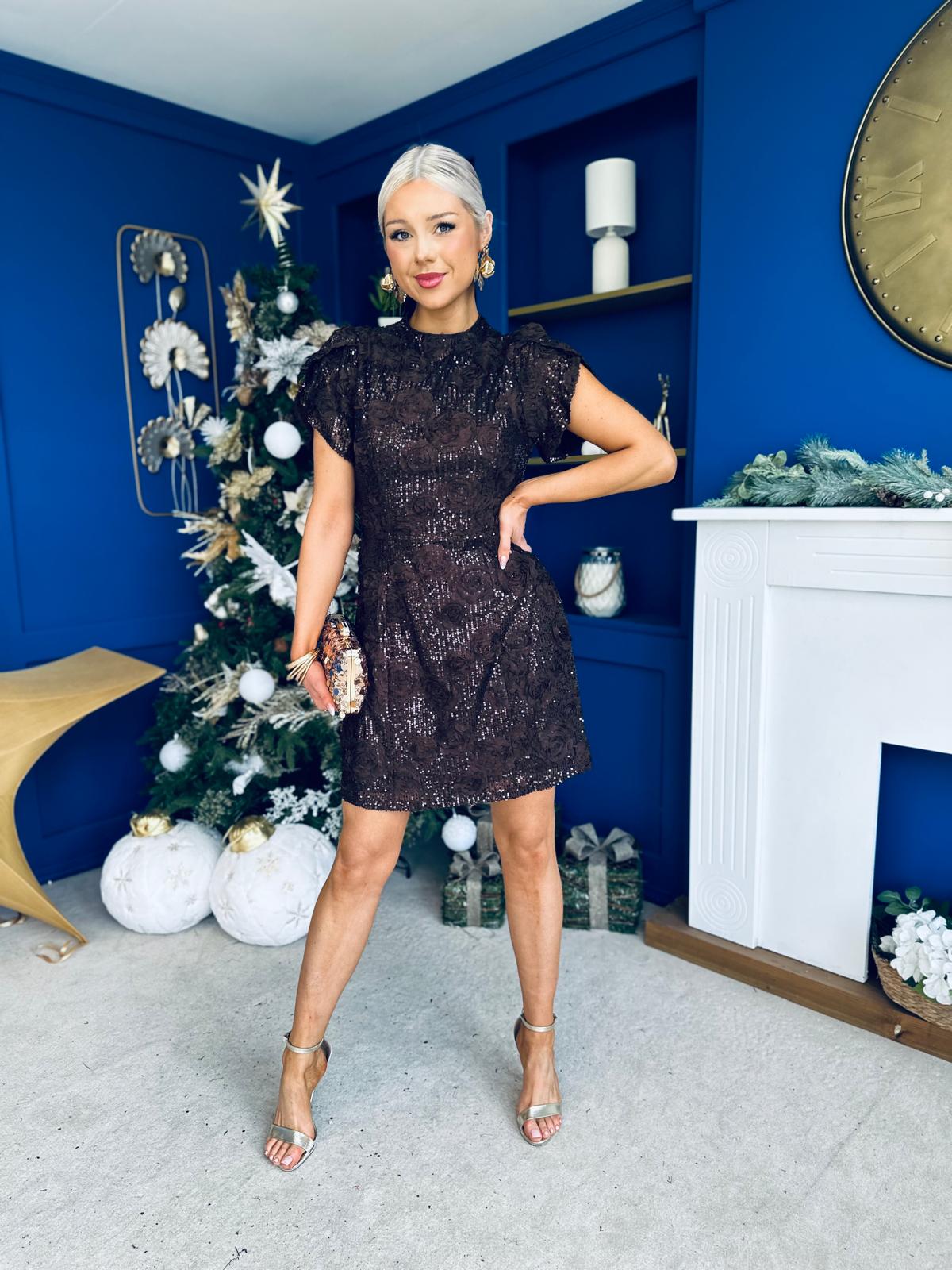 Ami Tulip Sleeve High Neck Mini Dress 3D Floral Coffee