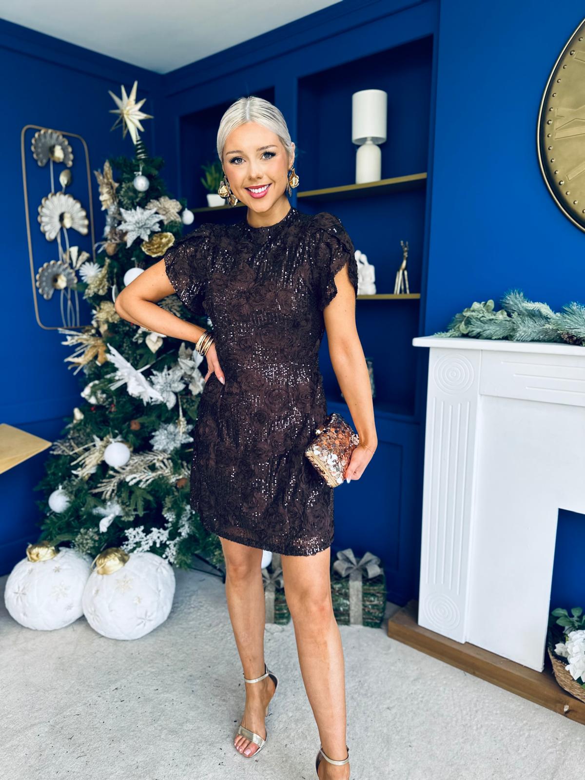 Ami Tulip Sleeve High Neck Mini Dress 3D Floral Coffee