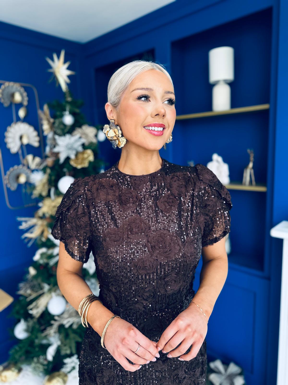 Ami Tulip Sleeve High Neck Mini Dress 3D Floral Coffee