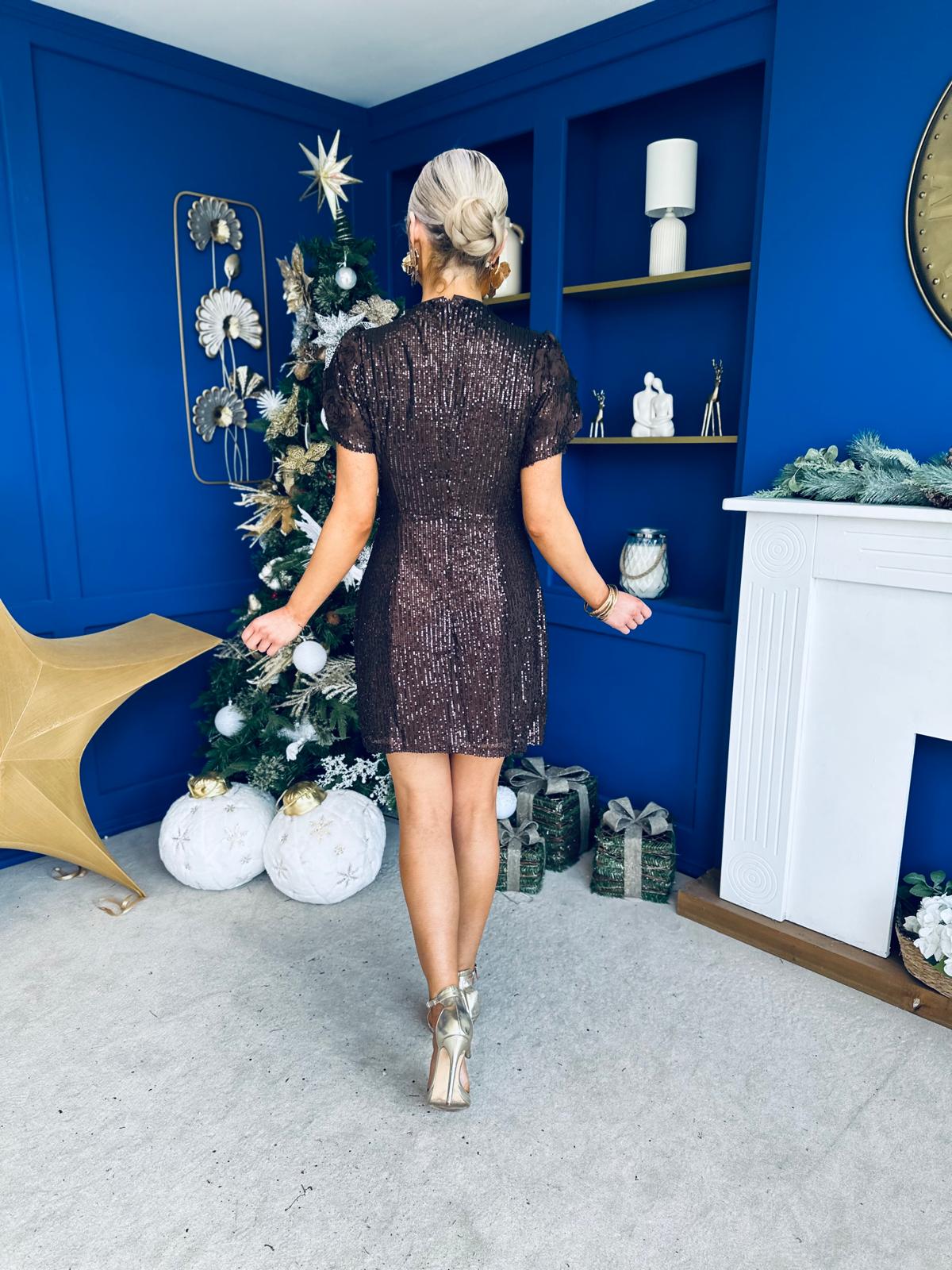 Ami Tulip Sleeve High Neck Mini Dress 3D Floral Coffee