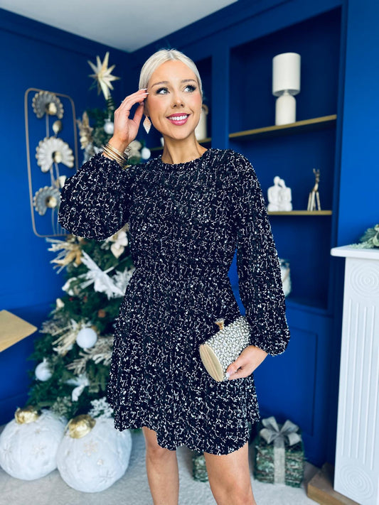 Joy Detailed Sequin Mini Dress Black