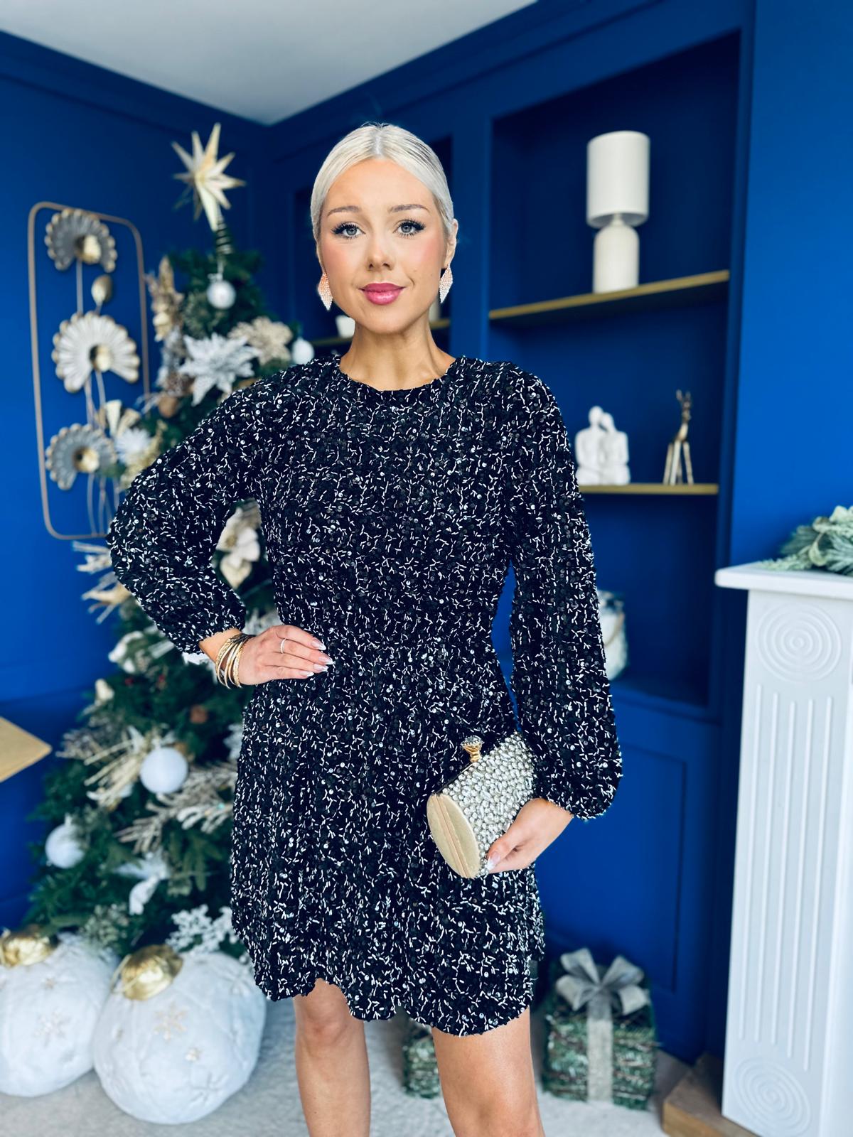 Joy Detailed Sequin Mini Dress Black