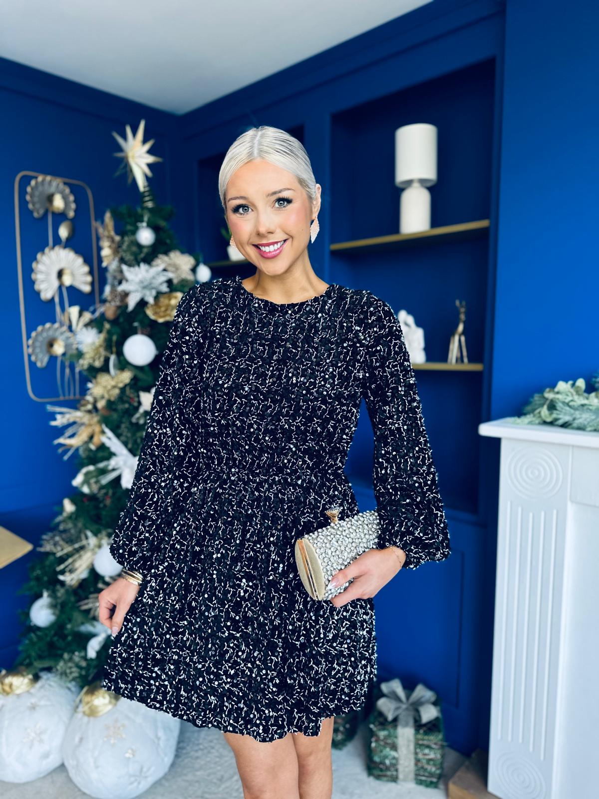 Joy Detailed Sequin Mini Dress Black