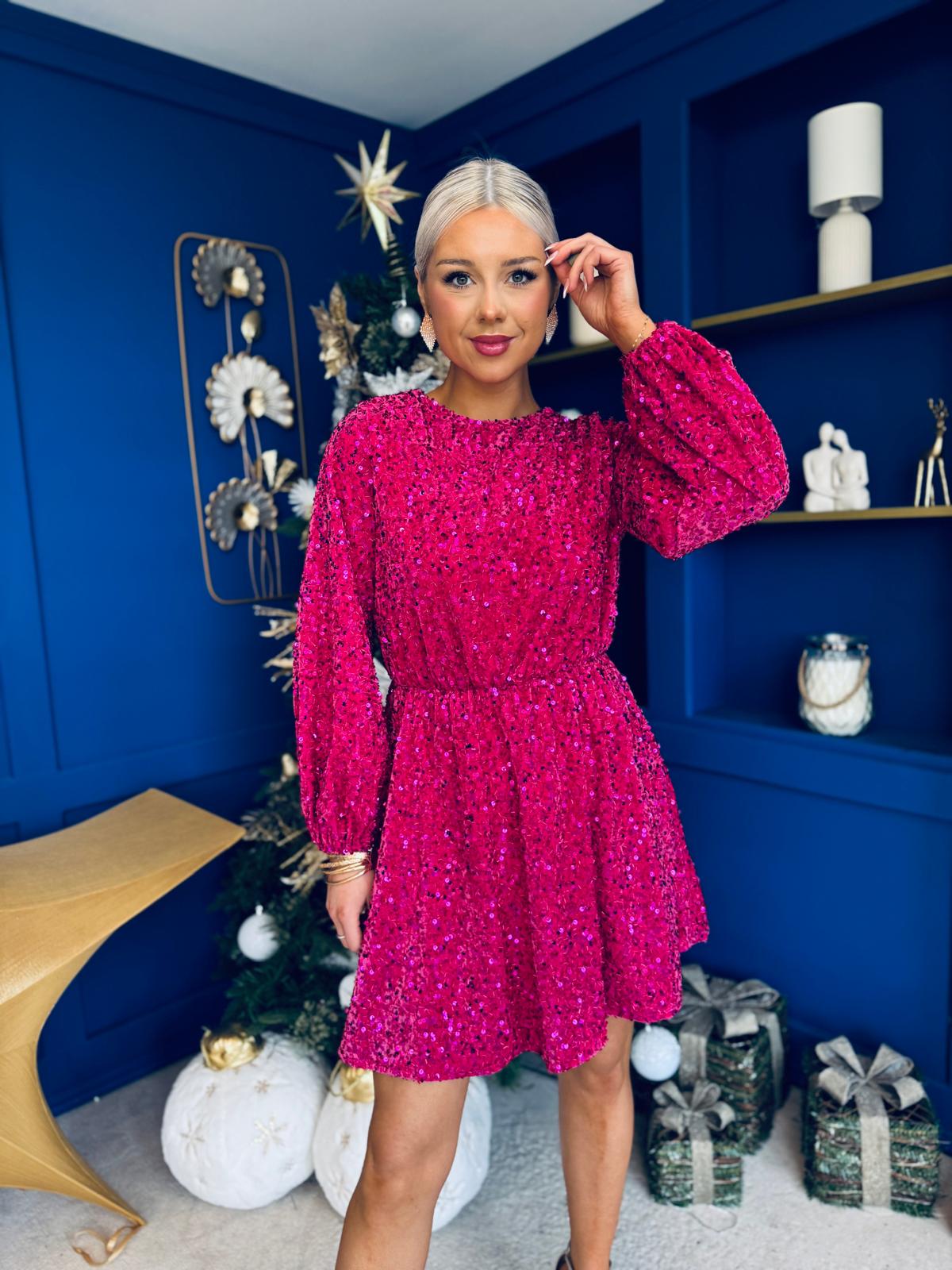 Joy Detailed Sequin Mini Dress Pink