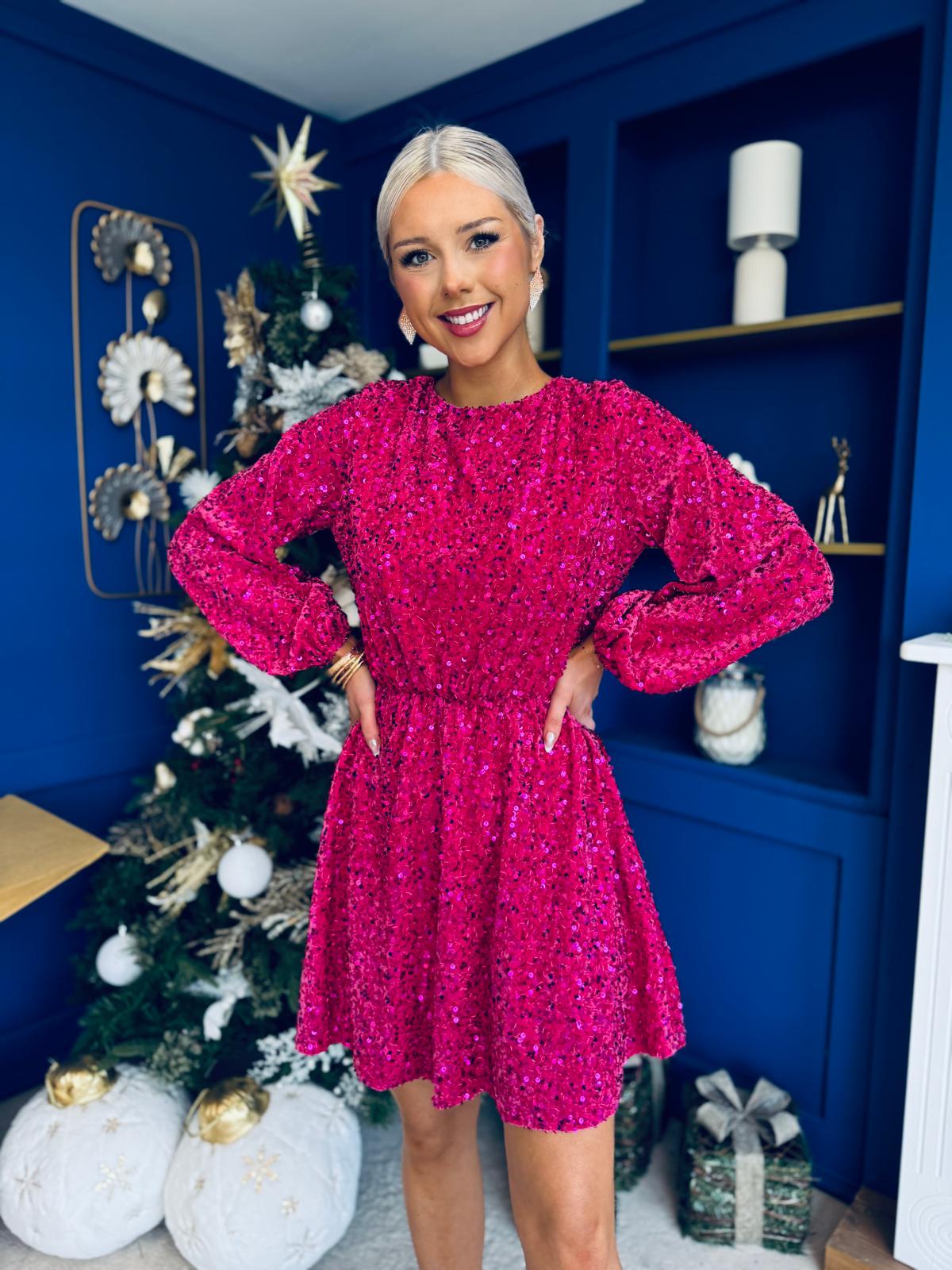 Joy Detailed Sequin Mini Dress Pink