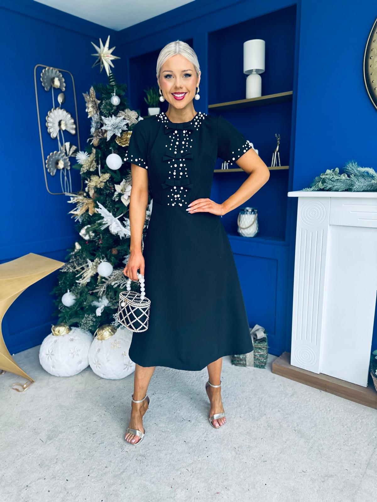 Nigella Pearl Embellished Occasion Dress Black