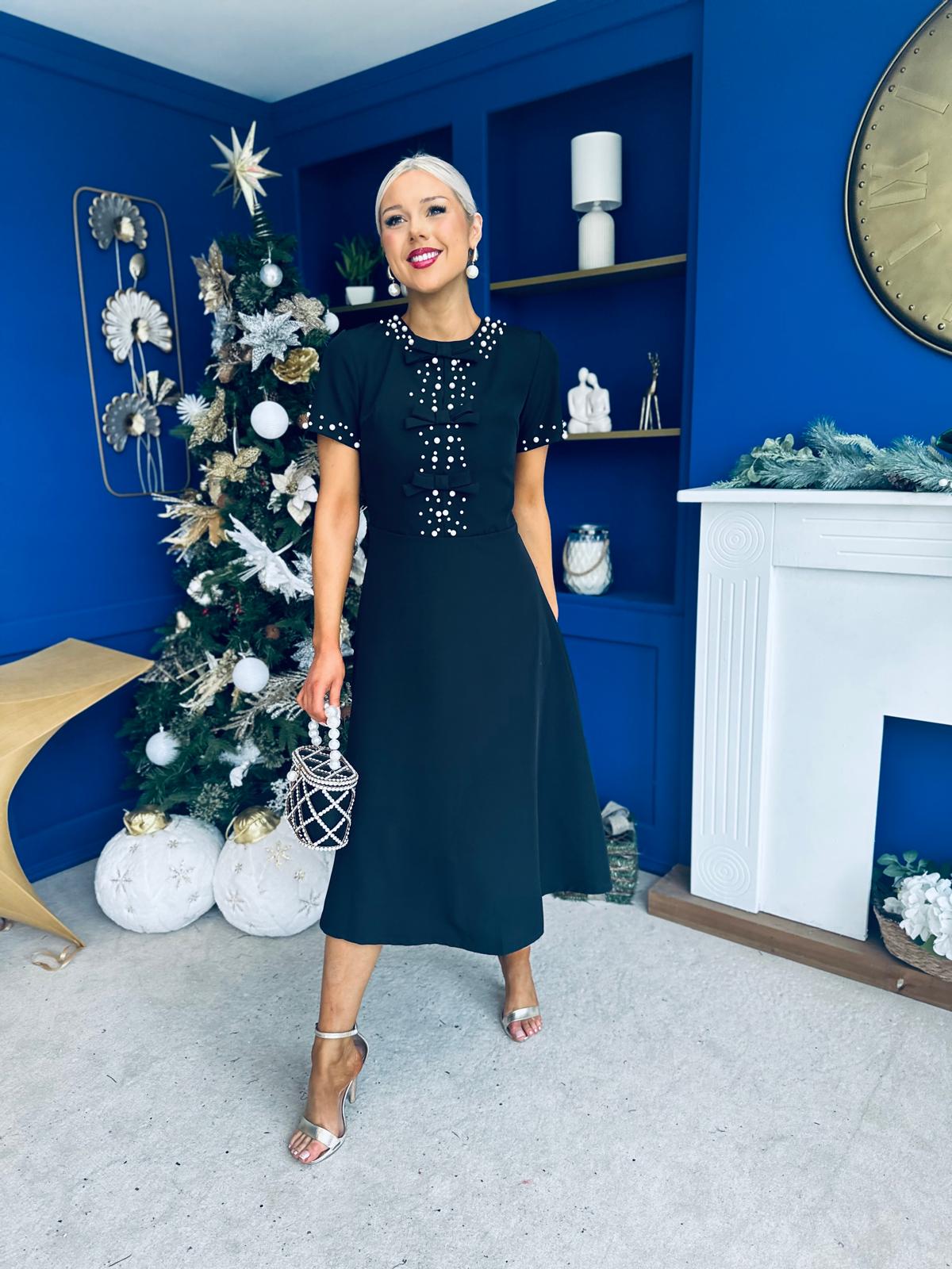 Nigella Pearl Embellished Occasion Dress Black