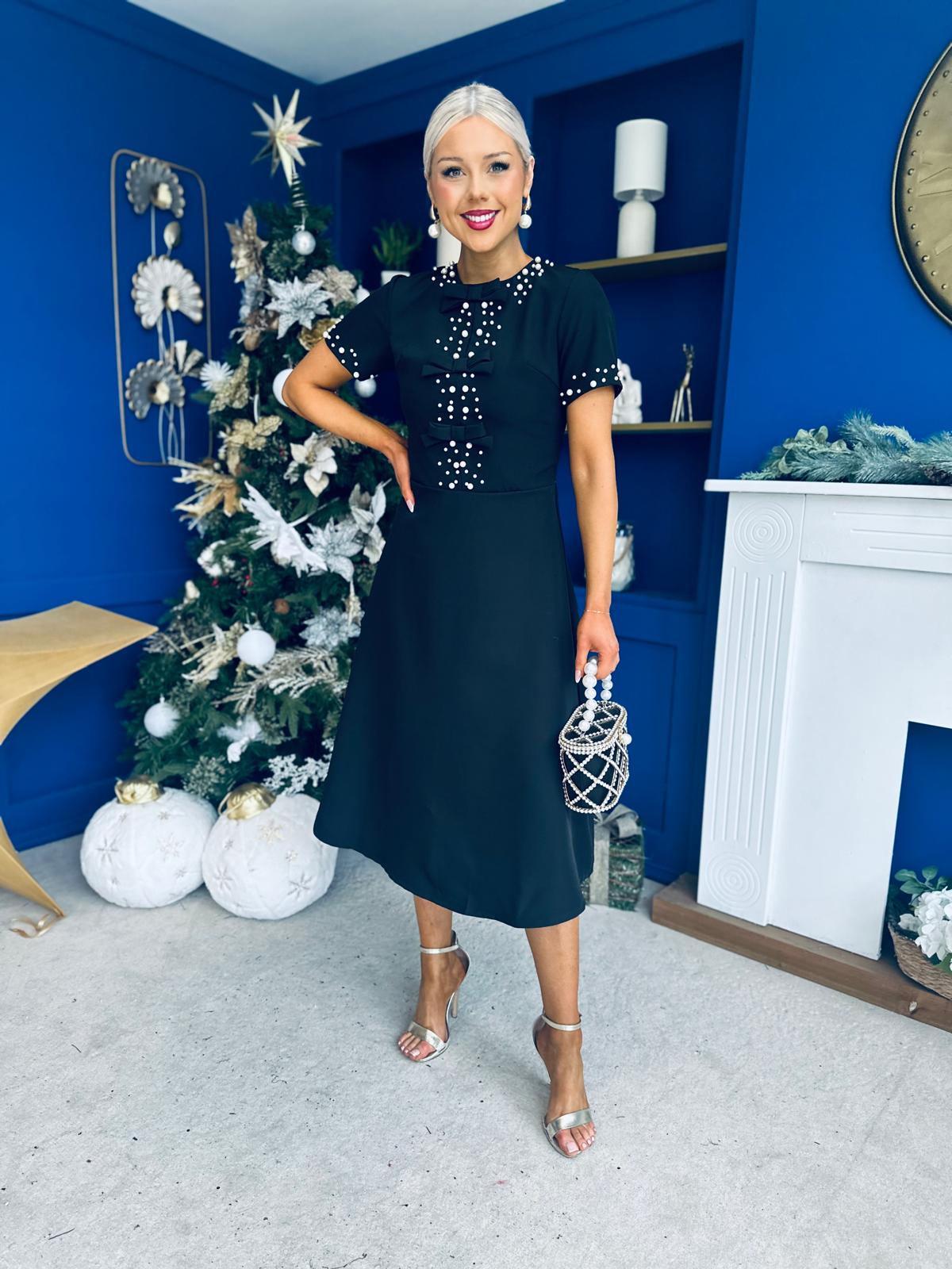 Nigella Pearl Embellished Occasion Dress Black