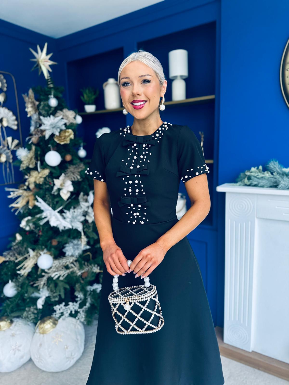 Nigella Pearl Embellished Occasion Dress Black