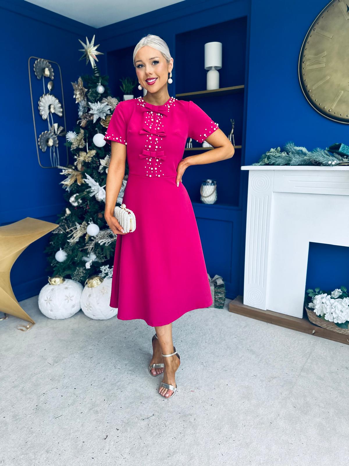 Nigella Pearl Embellished Occasion Dress Raspberry