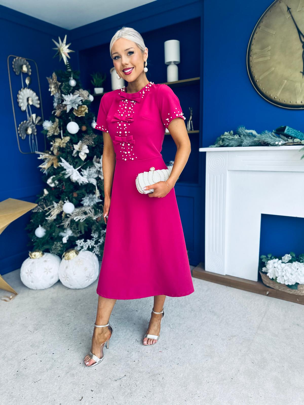 Nigella Pearl Embellished Occasion Dress Raspberry