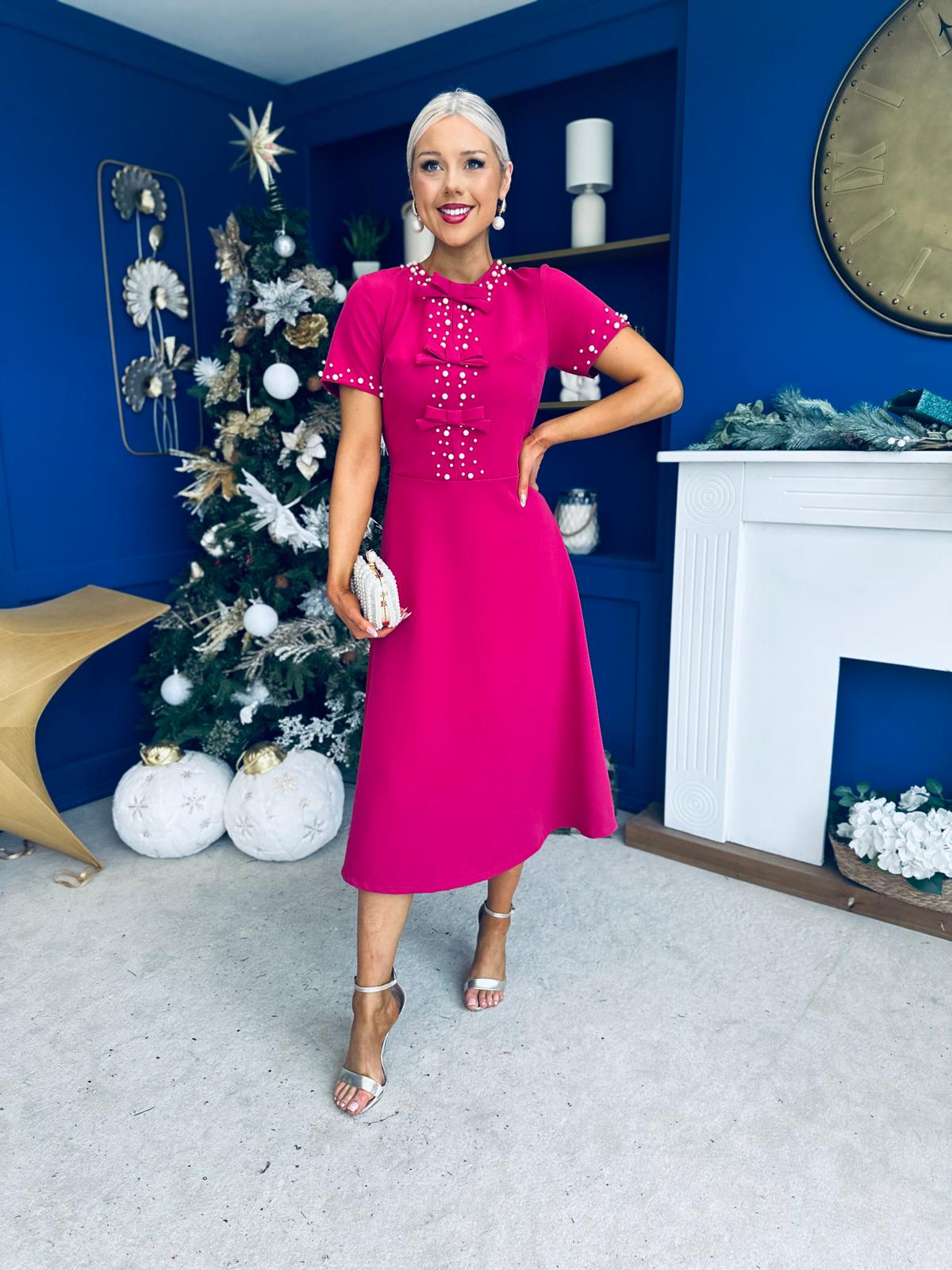 Nigella Pearl Embellished Occasion Dress Raspberry