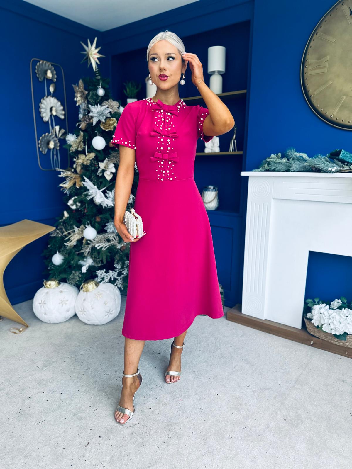 Nigella Pearl Embellished Occasion Dress Raspberry