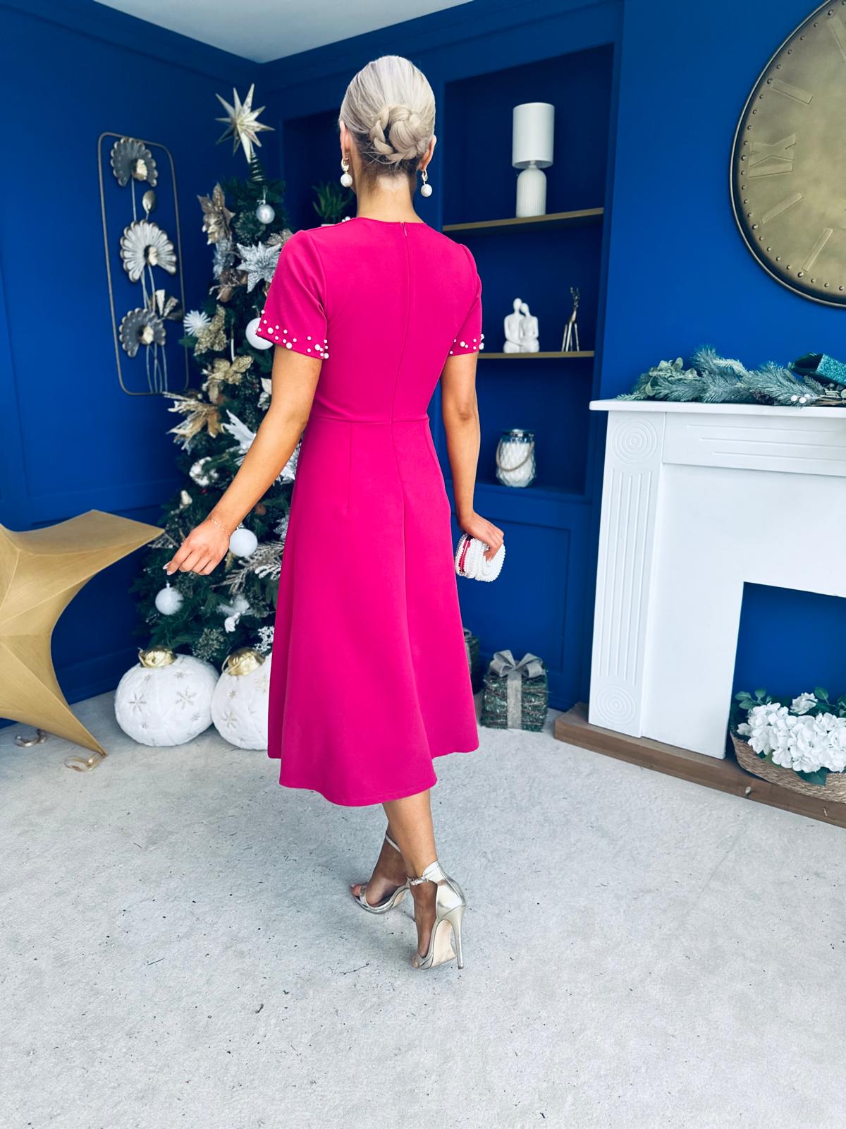 Nigella Pearl Embellished Occasion Dress Raspberry